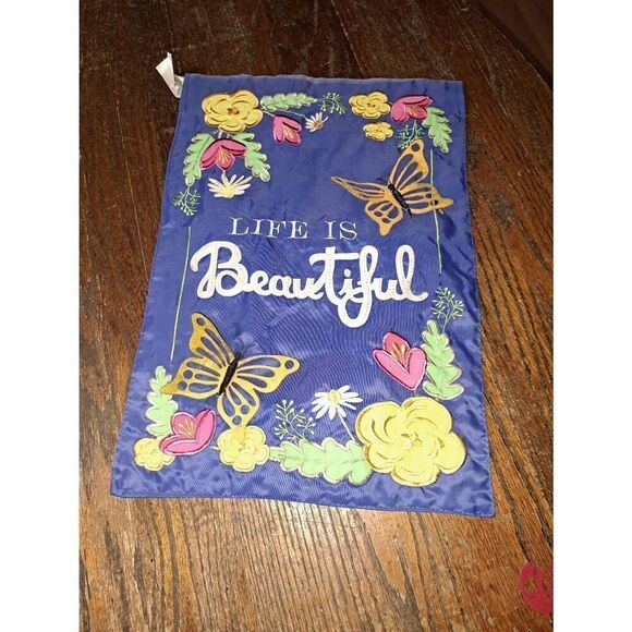 2 Garden Flags Easter Bunny and Life is Beautiful Shaped and Embroidered - Picture 4 of 7